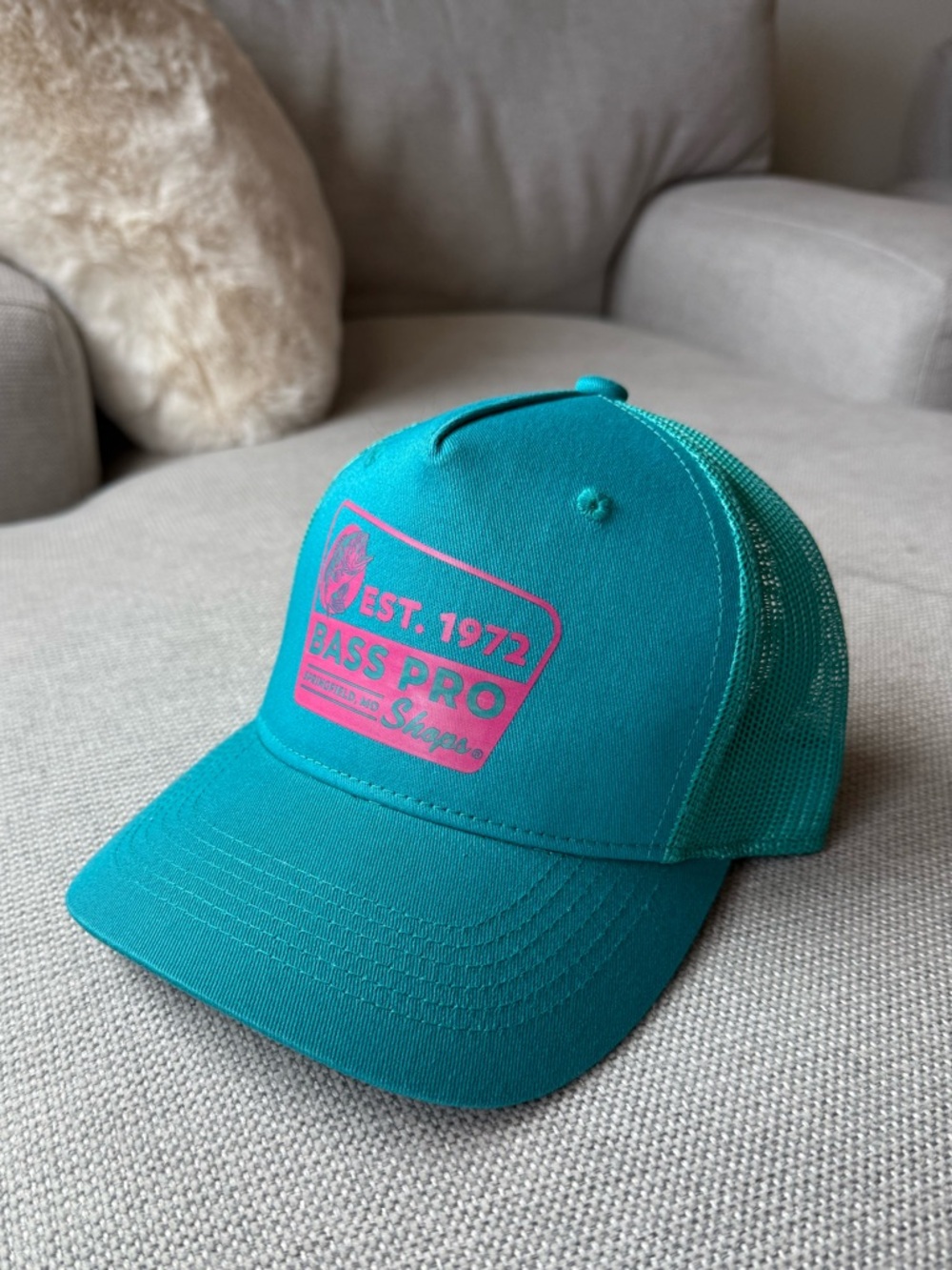 Bass Pro Shops Teal Trucker Hat with Pink Logo